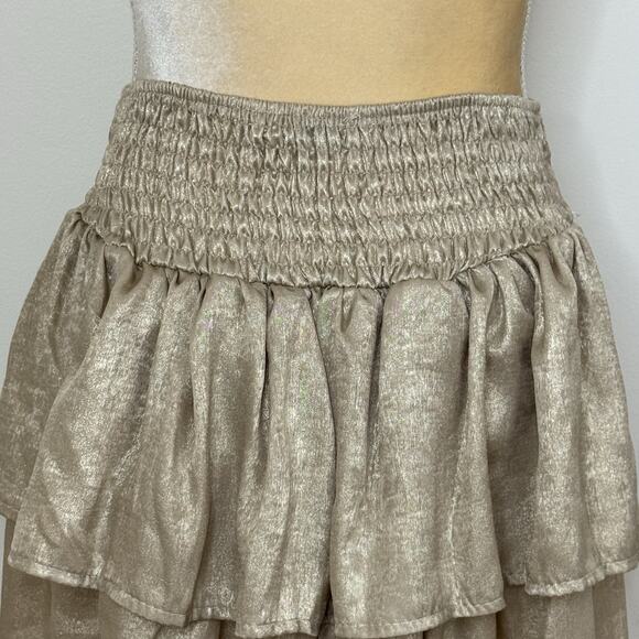 NWT Sofia Made In Italy Orleans Smocked Tiered Mini Skirt One Size Gold - Picture 9 of 13